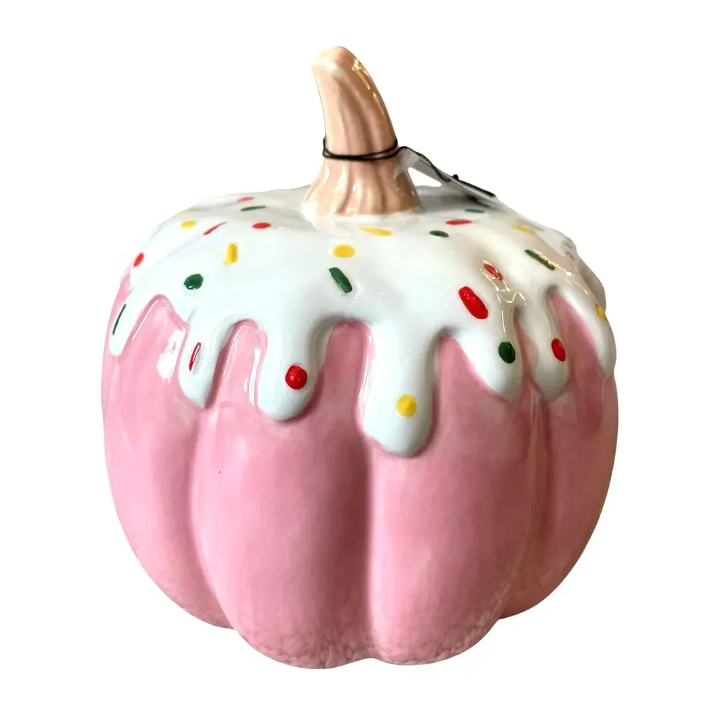 New Frosted Sprinkle PINK Cupcake Ceramic Halloween Pumpkin TikTok 7 Inches